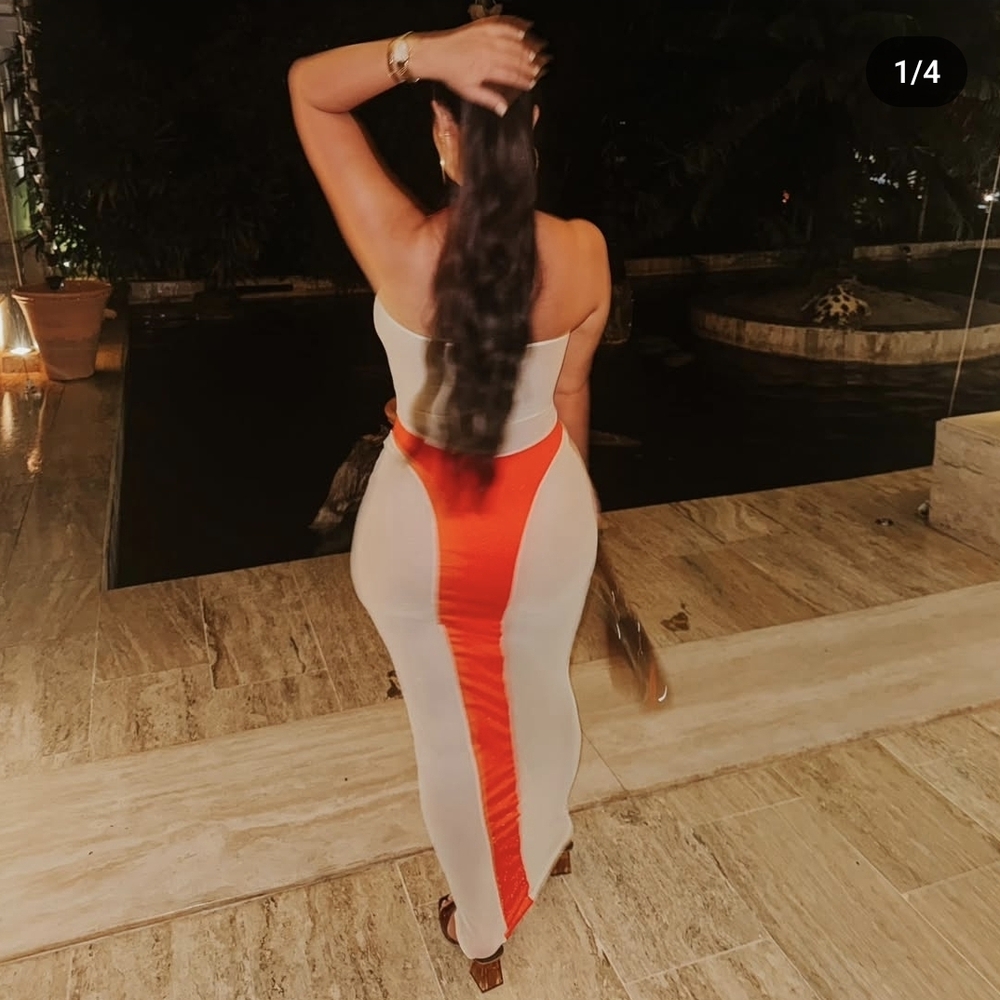 Sheer Orange and Cream Maxi Dress